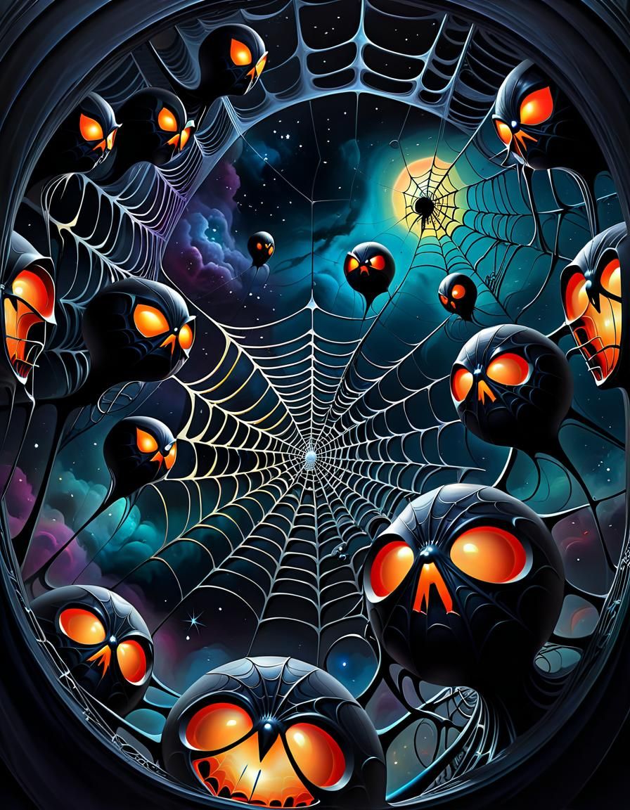 Surreal Spiderweb with Cosmic Horror Faces