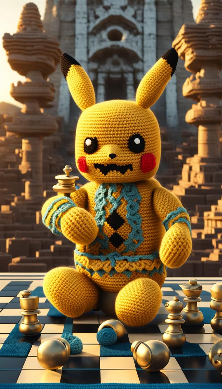 Crocheted Pikachu and Skeleton Chess Match
