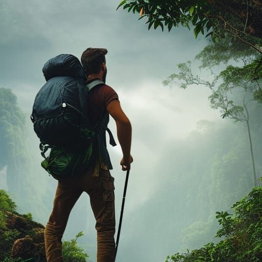 Explorer Navigates Jungle in Detailed Digital Painting