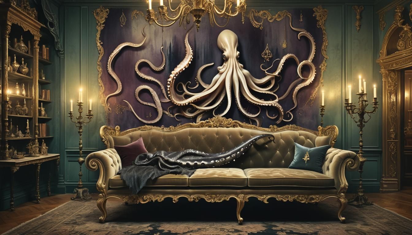 Giant Squid Lounging in Ornate Room