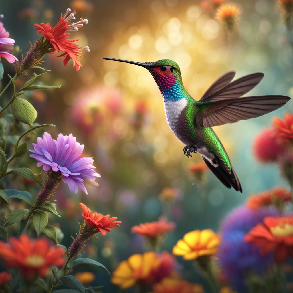 Photorealistic Hummingbird with Flowers at Dawn