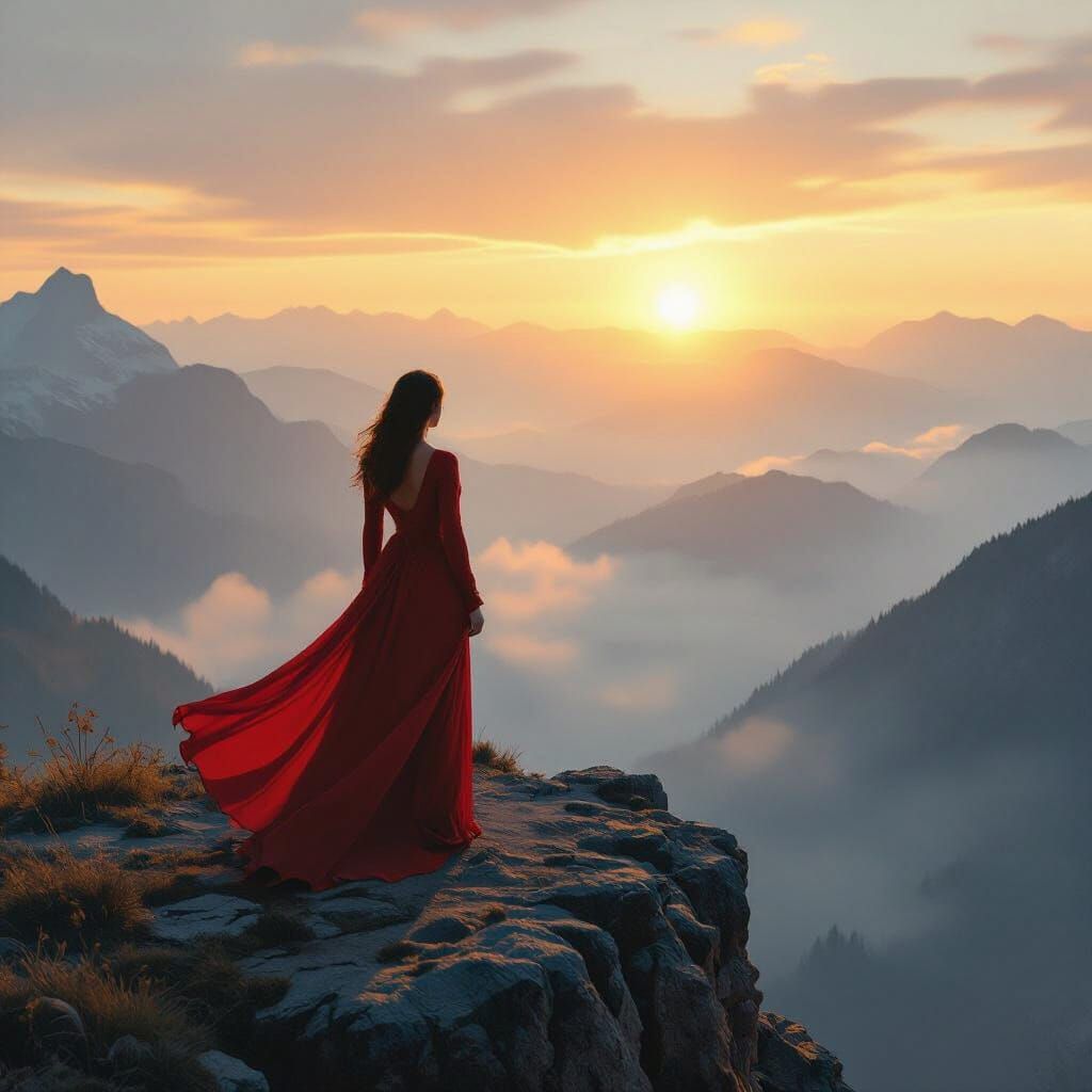Woman in Red Dress on Cliff Overlooking Misty Mountains at S...