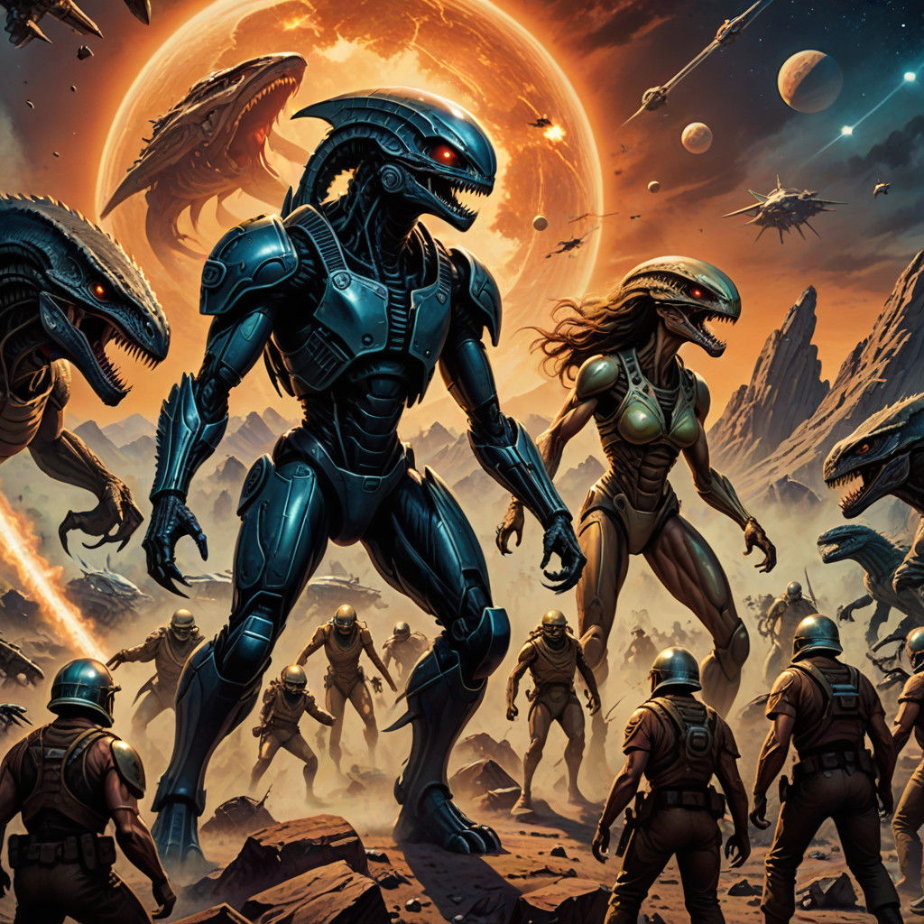 A combat scene,in the style of earl norem.