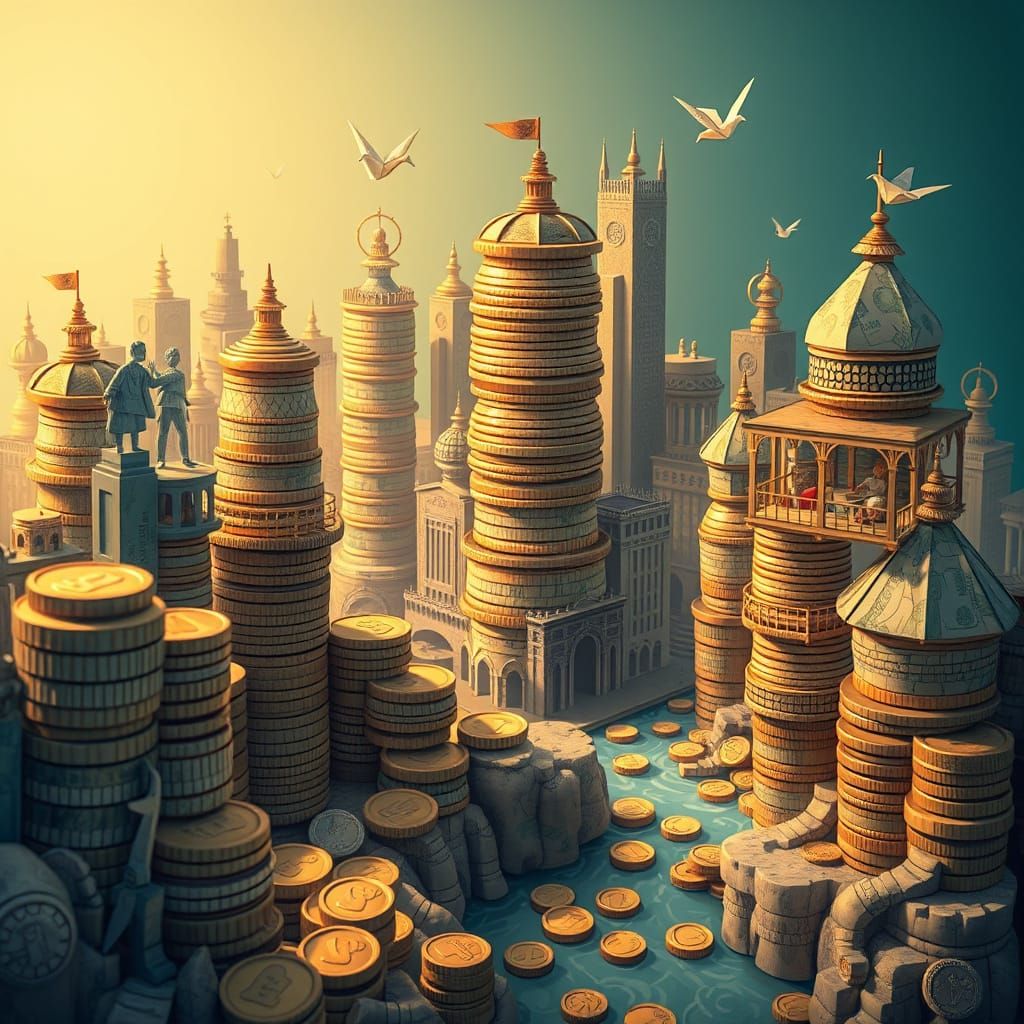 Whimsical Coin Cityscape with Origami Figures