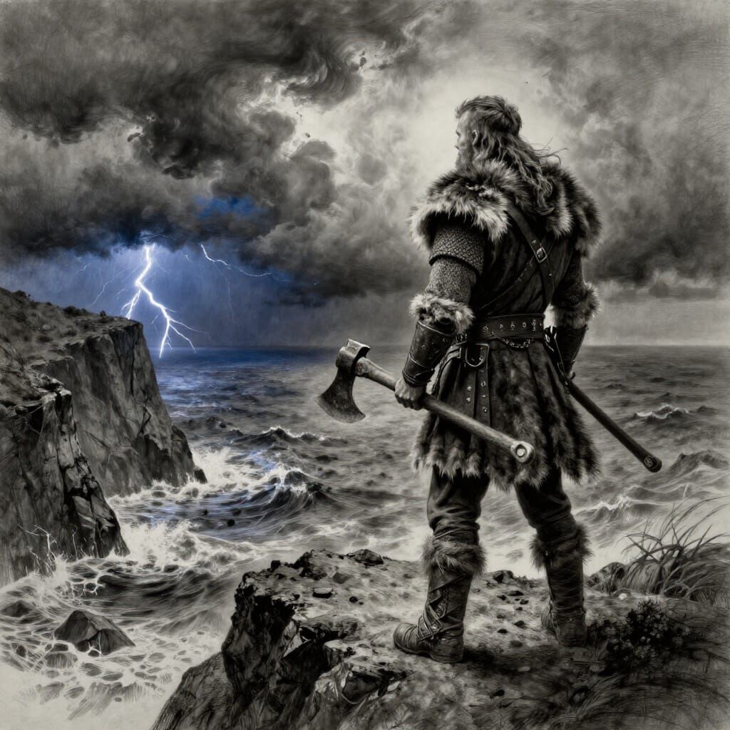 Viking Warrior on Cliff Overlooking Stormy Sea in Charcoal S...