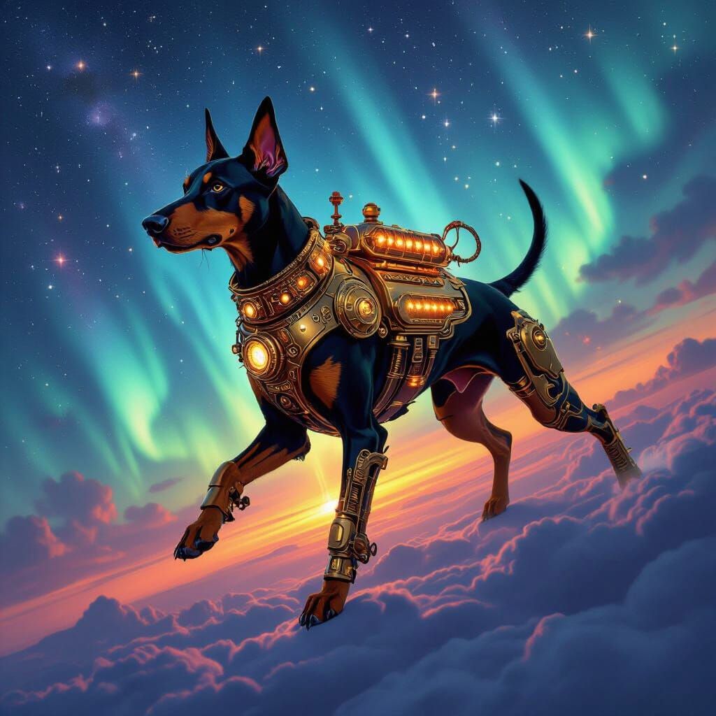 Steampunk Doberman Sails Aurora Sky