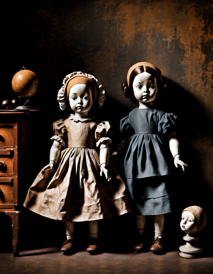 Mysterious 1900s-Style Dolls in a Dark, Rusty Room