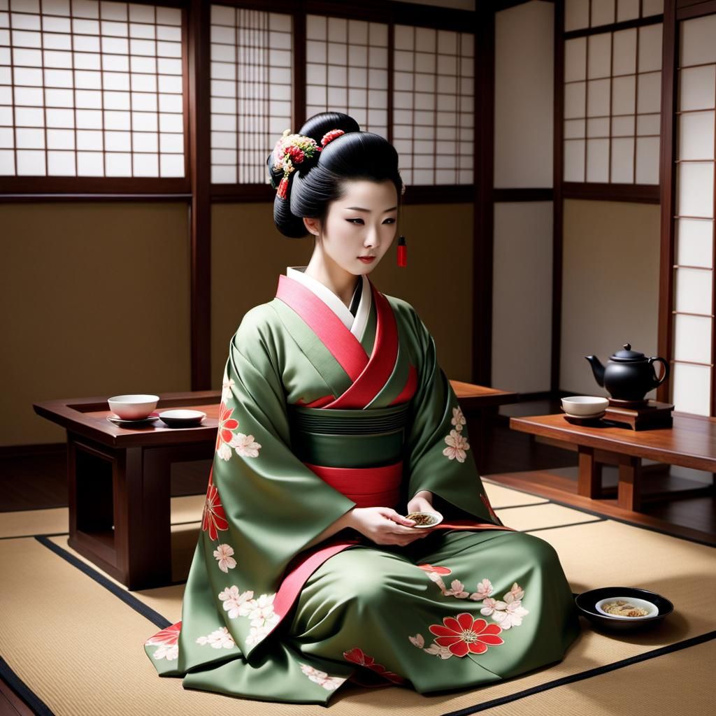 Geisha Serving Tea in Tatami Room: Photorealistic Rendering