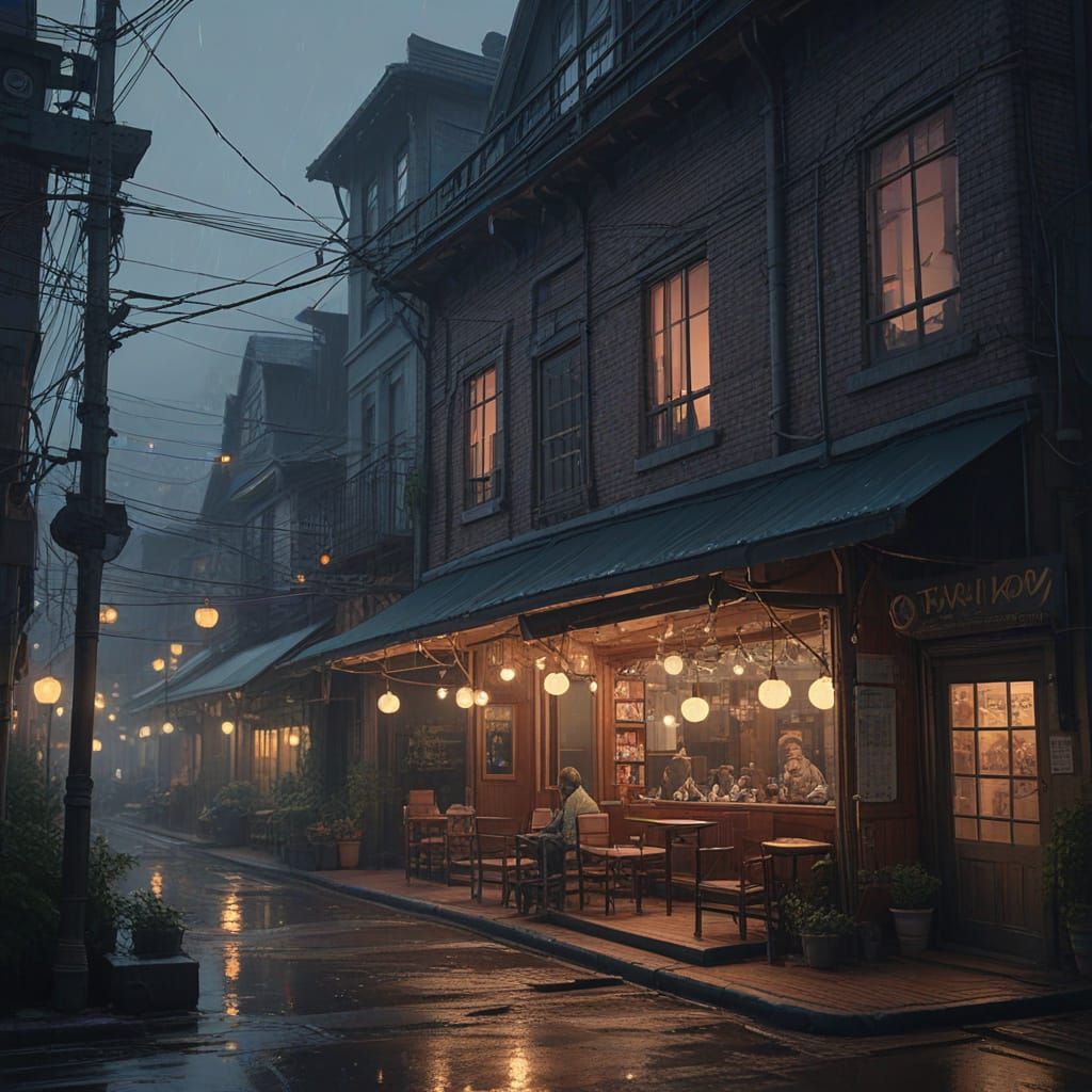 Whimsical Night Cafe Scene in Anime Style
