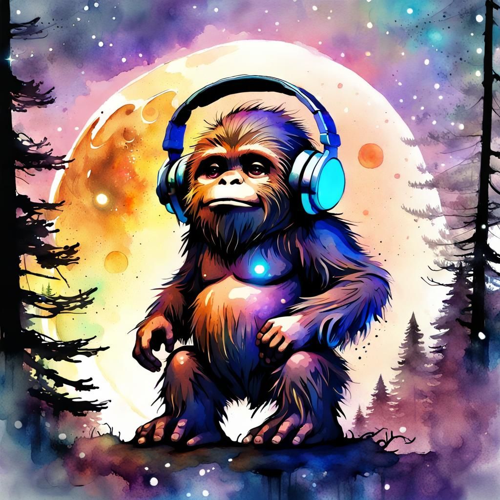 Cute Chibi Sasquatch in Watercolor Forest