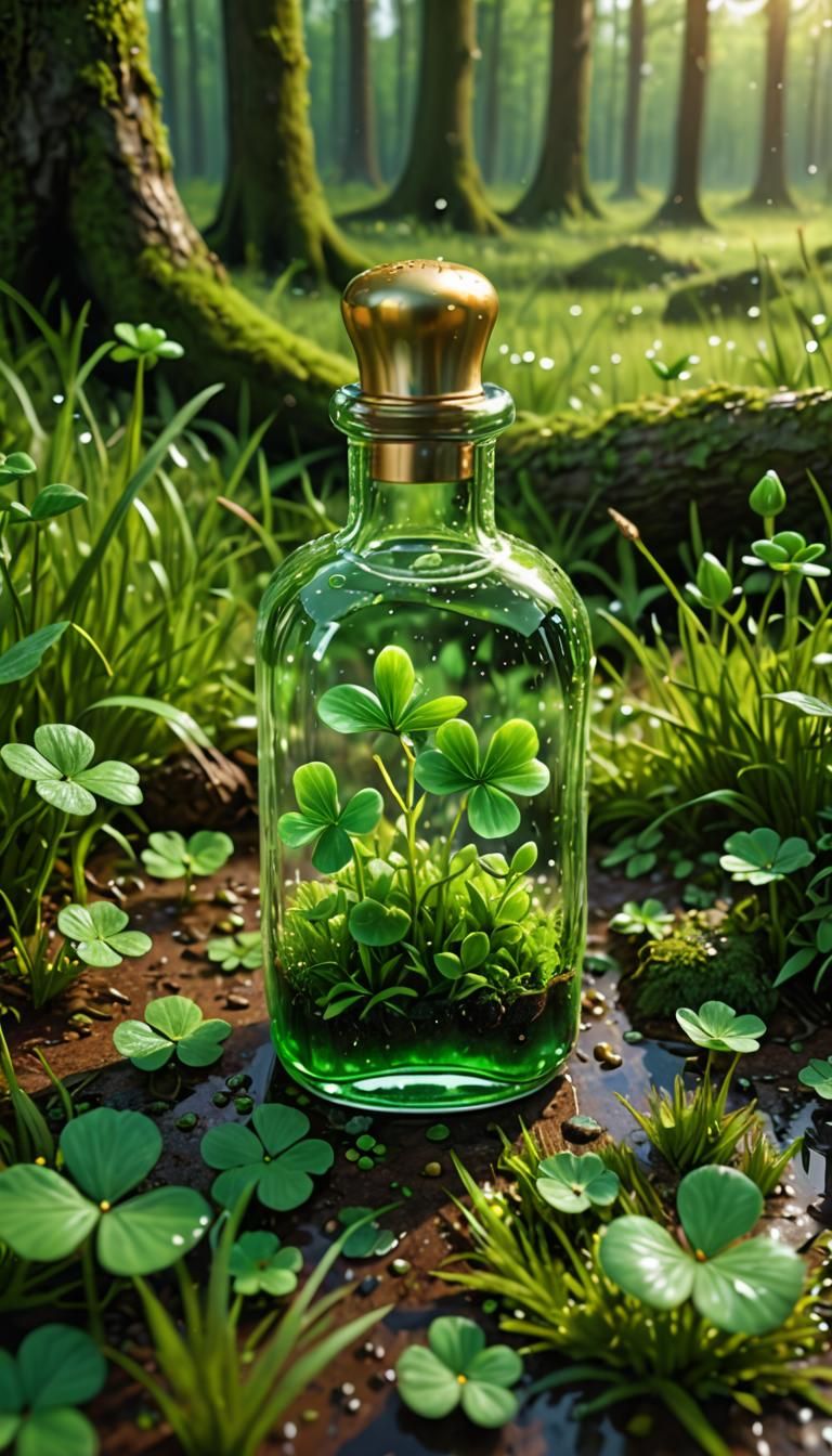 Elf in a Bottle: Hyper-Realistic Clover Landscape