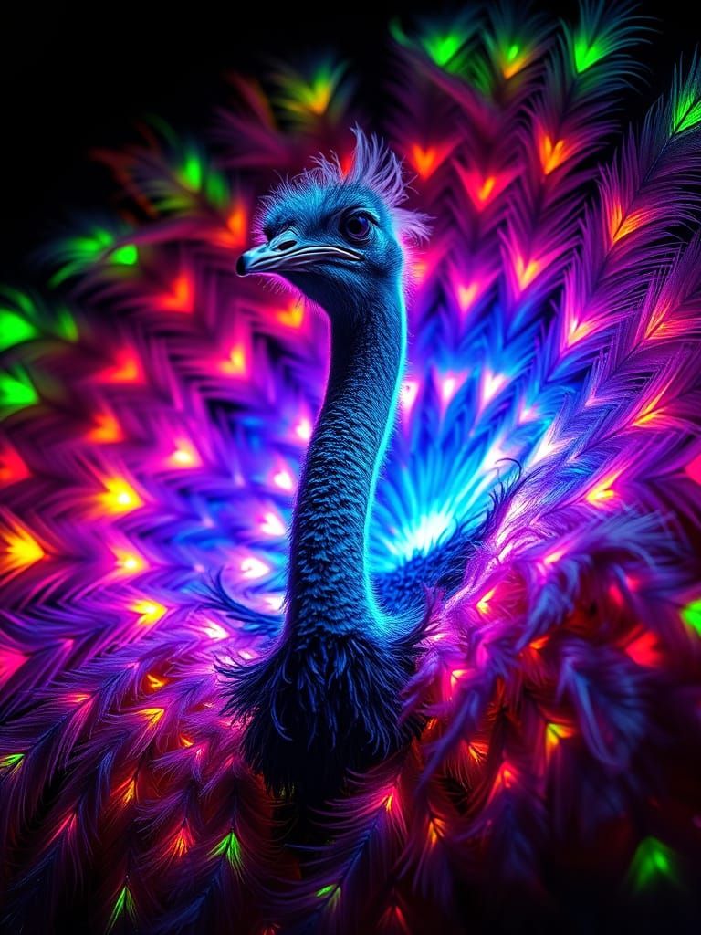 Majestic Ostrich with Bioluminescent Fractal Feathers