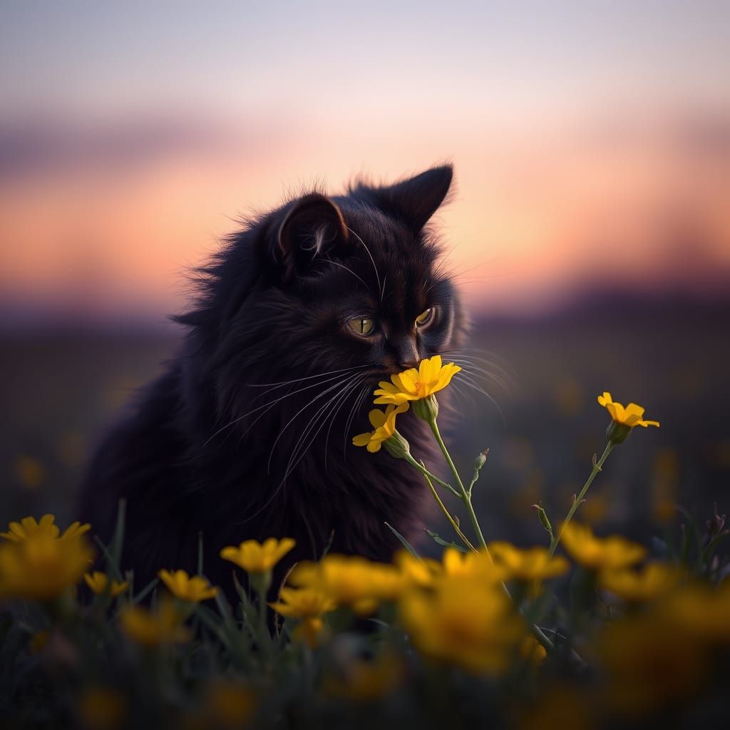 Fluffy Cat Kisses Buttercups in Twilight Field