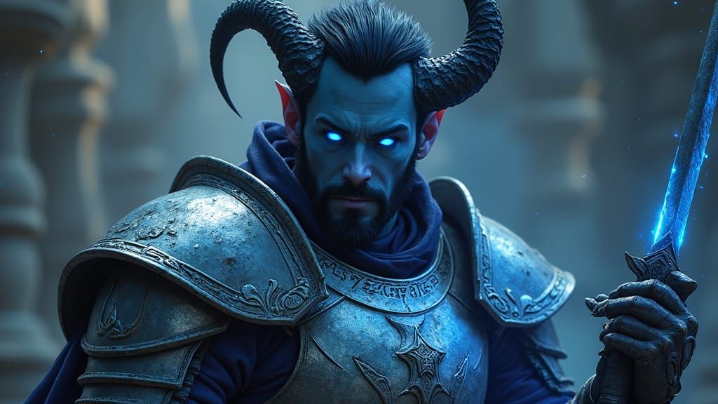Cyberpunk-Inspired Tiefling Paladin with Radiant Blue Skin a...