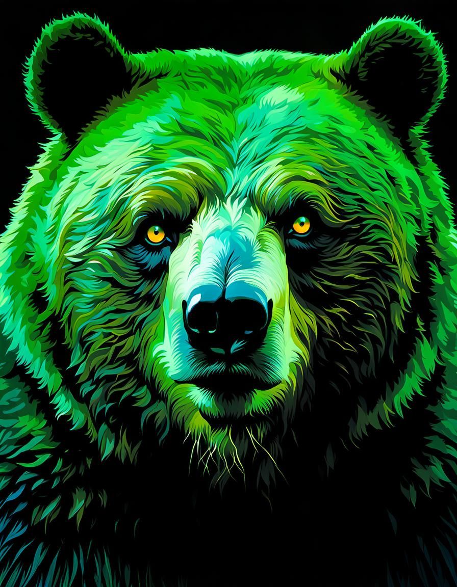 Glowing-Eyed Cybernetic Bear in Volcanic Hyperspace