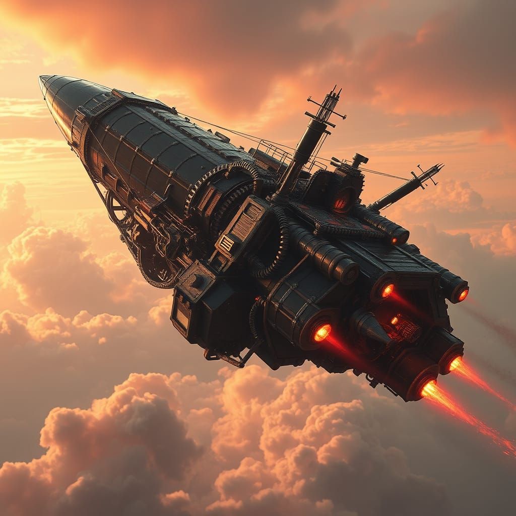 Epic Steampunk Rocket Soars Through Crimson Sky
