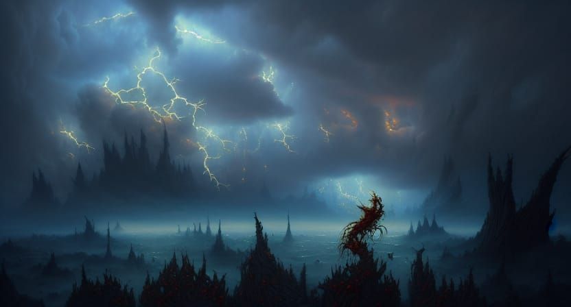 Dramatic Fantasy Landscape with Lightning, Digital Art