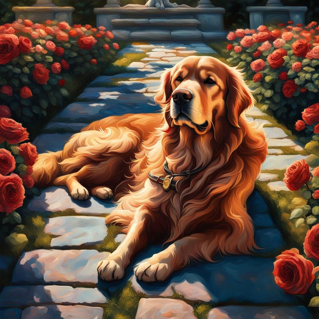 Golden Retriever in Rose Garden: Digital Matte Painting