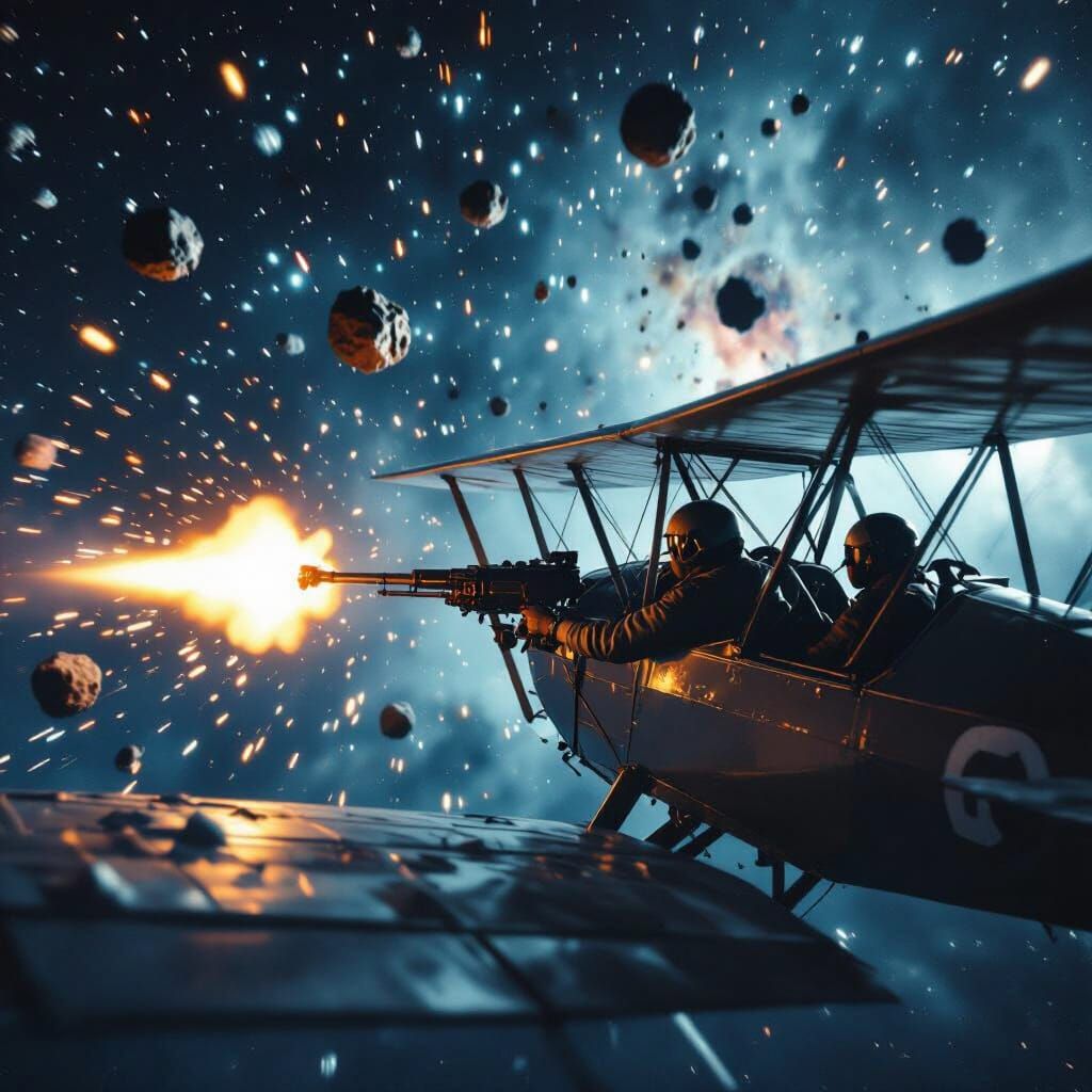 Pilot Shoots Asteroids From Biplane in Space
