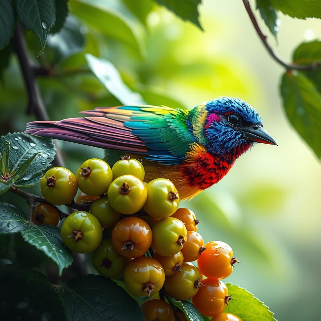 Rainbow Bird on Gooseberries: Detailed Matte Painting