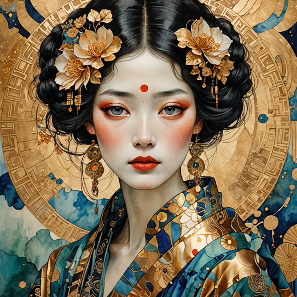 Japanese Woman Portrait: Klimt and Art Deco Fusion