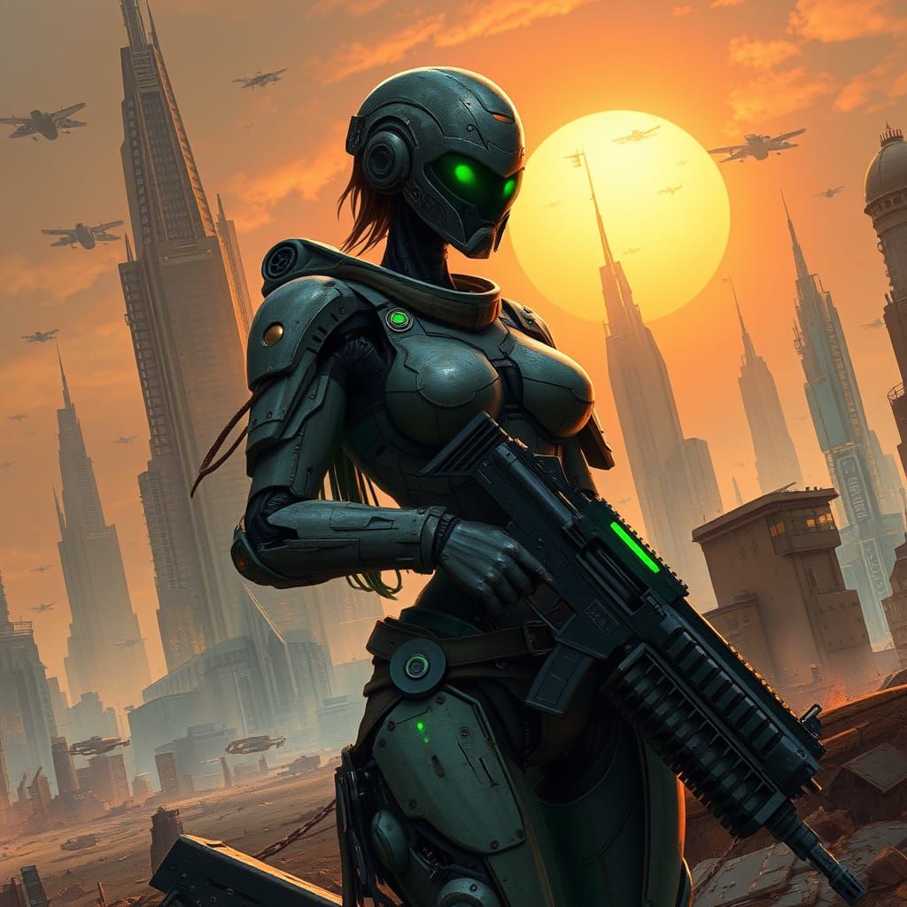 Android Warrior Guarding Futuristic City in Cyberpunk Style
