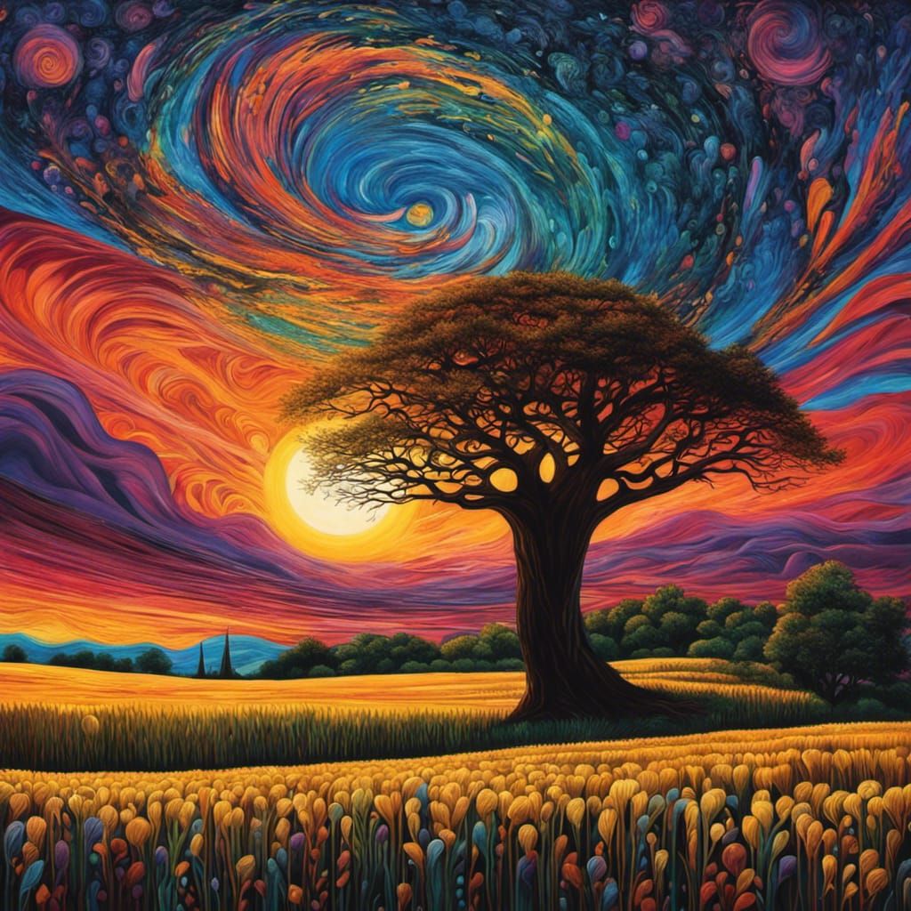 Gothic Cedar Tree in Wheat Field, Tim Burton Style