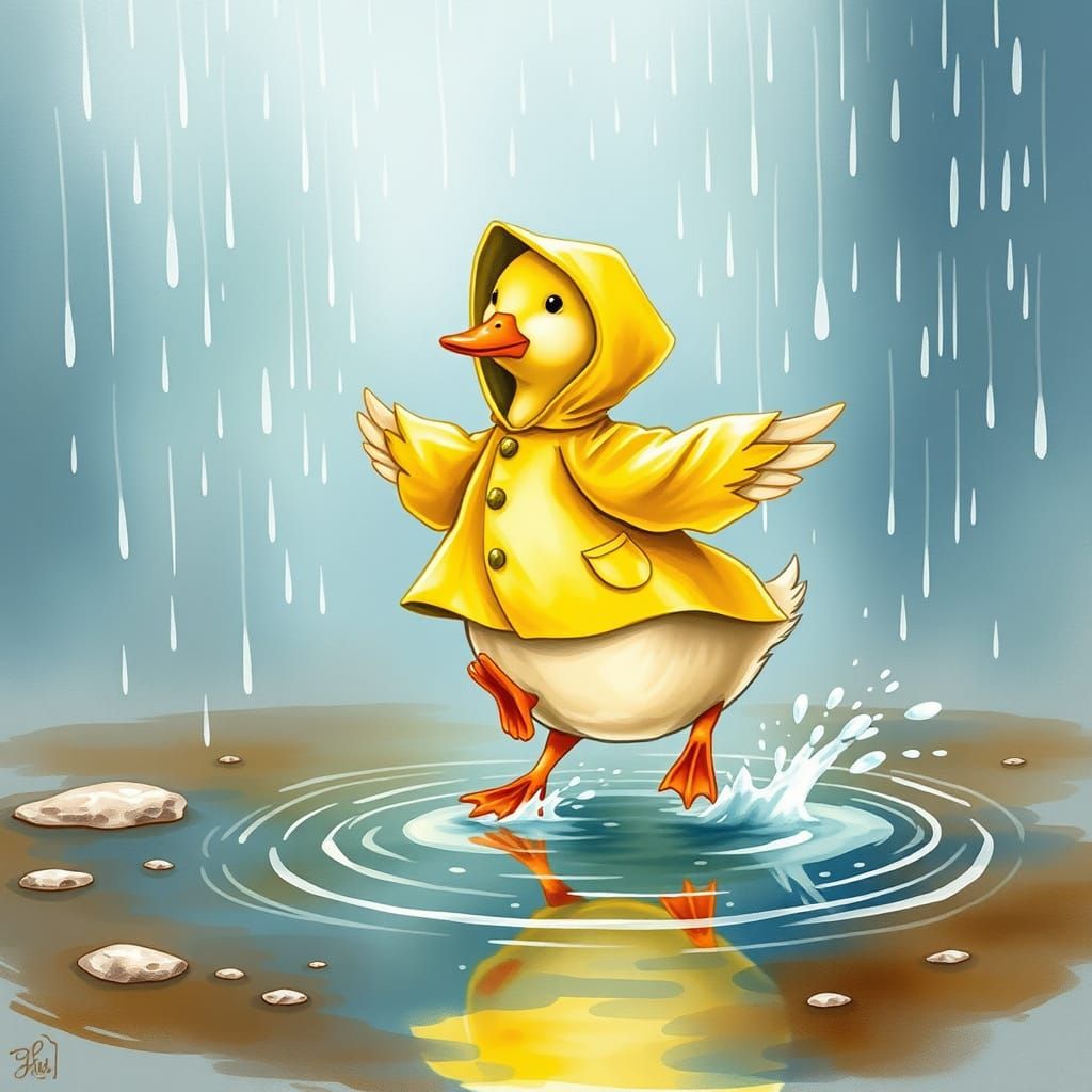 Dancing Duck in Raincoat: Watercolor Illustration