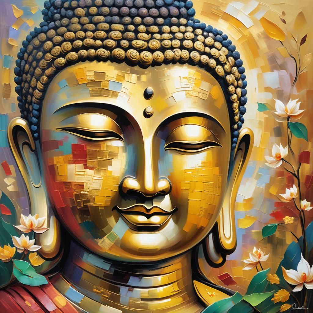 Serene Buddha Faces in Neo-Impressionist Oil Painting