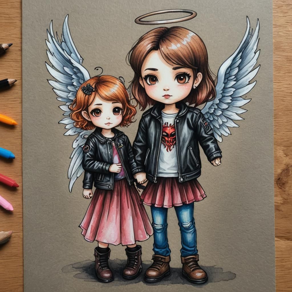 child's crayon colored pencil drawing, cute  angel in dress ...