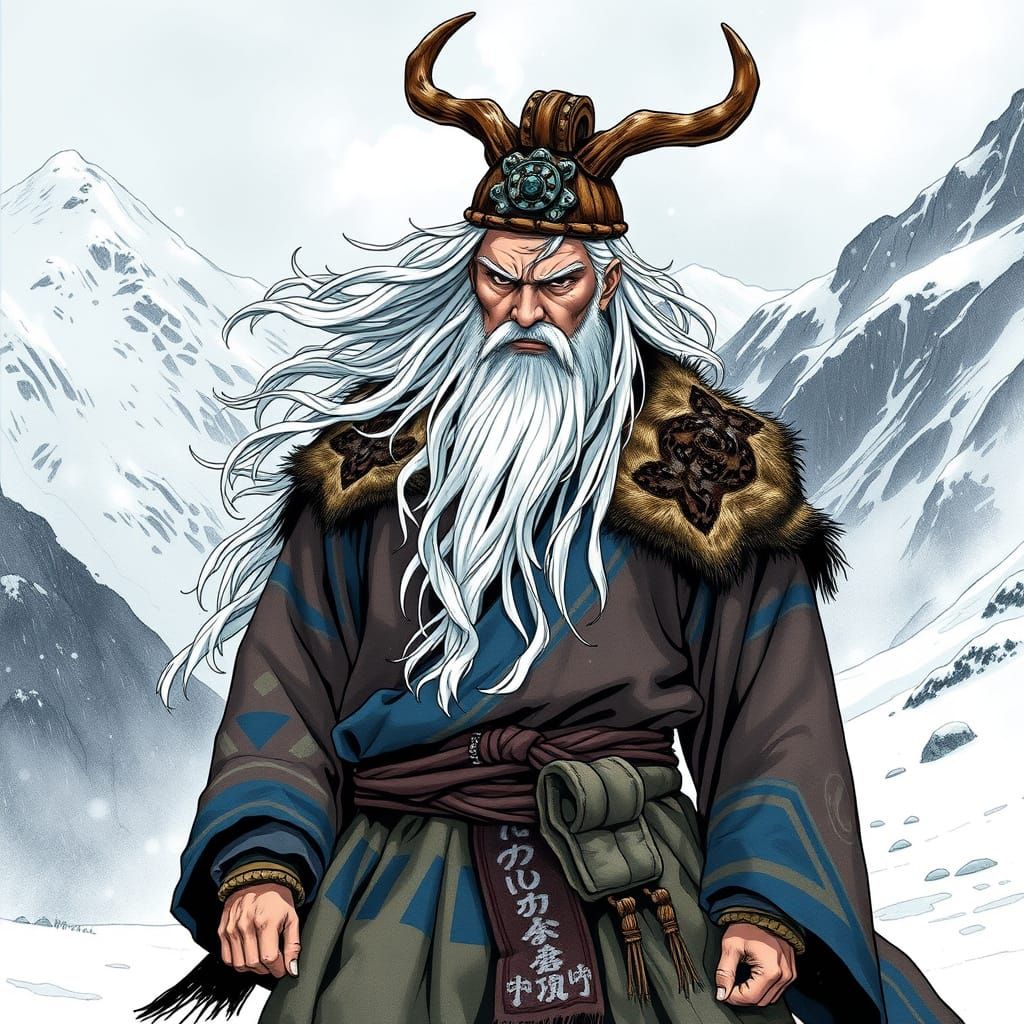 Ainu Shaman in Snowy Mountain Landscape, Traditional Attire