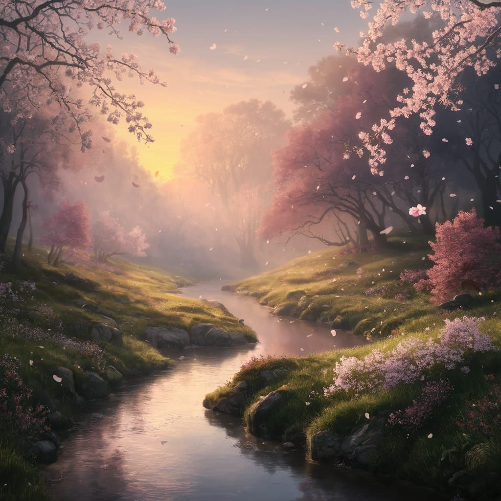 Ethereal Cherry Blossom Forest in Sunset Light