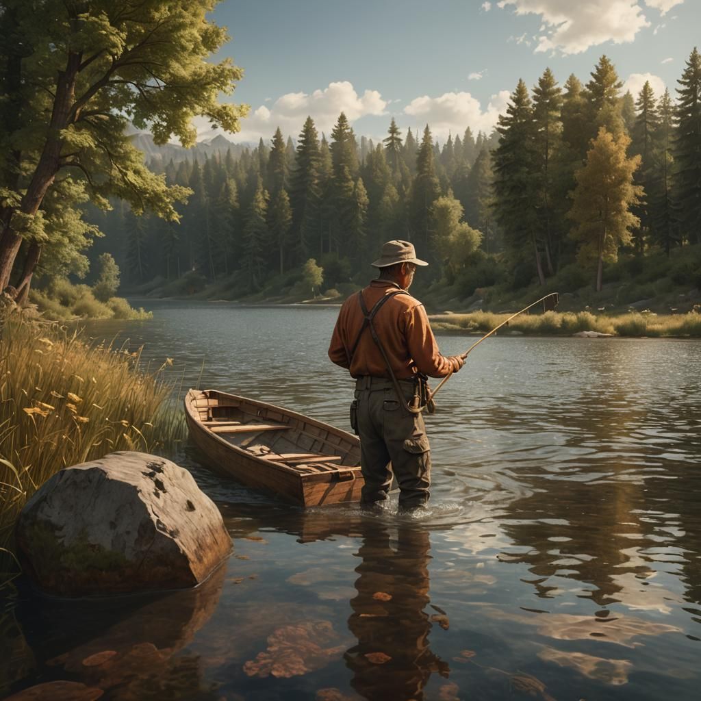 Fisherman on Serene Lake: Photorealistic Oil Painting