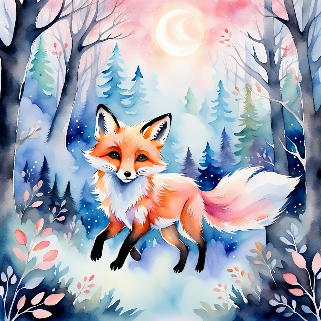 Ethereal Fox Ghost in Watercolor Forest