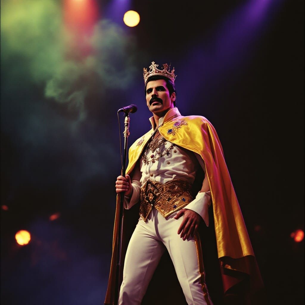 Freddie Mercury in concert in his costume of royal cape and crown facing the camera
