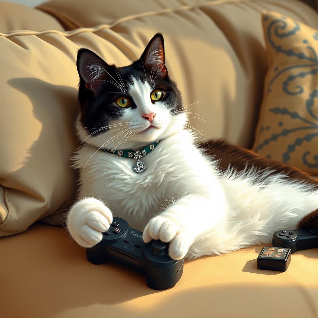 Serene Cat Plays PlayStation in a Cozy Impressionist Setting
