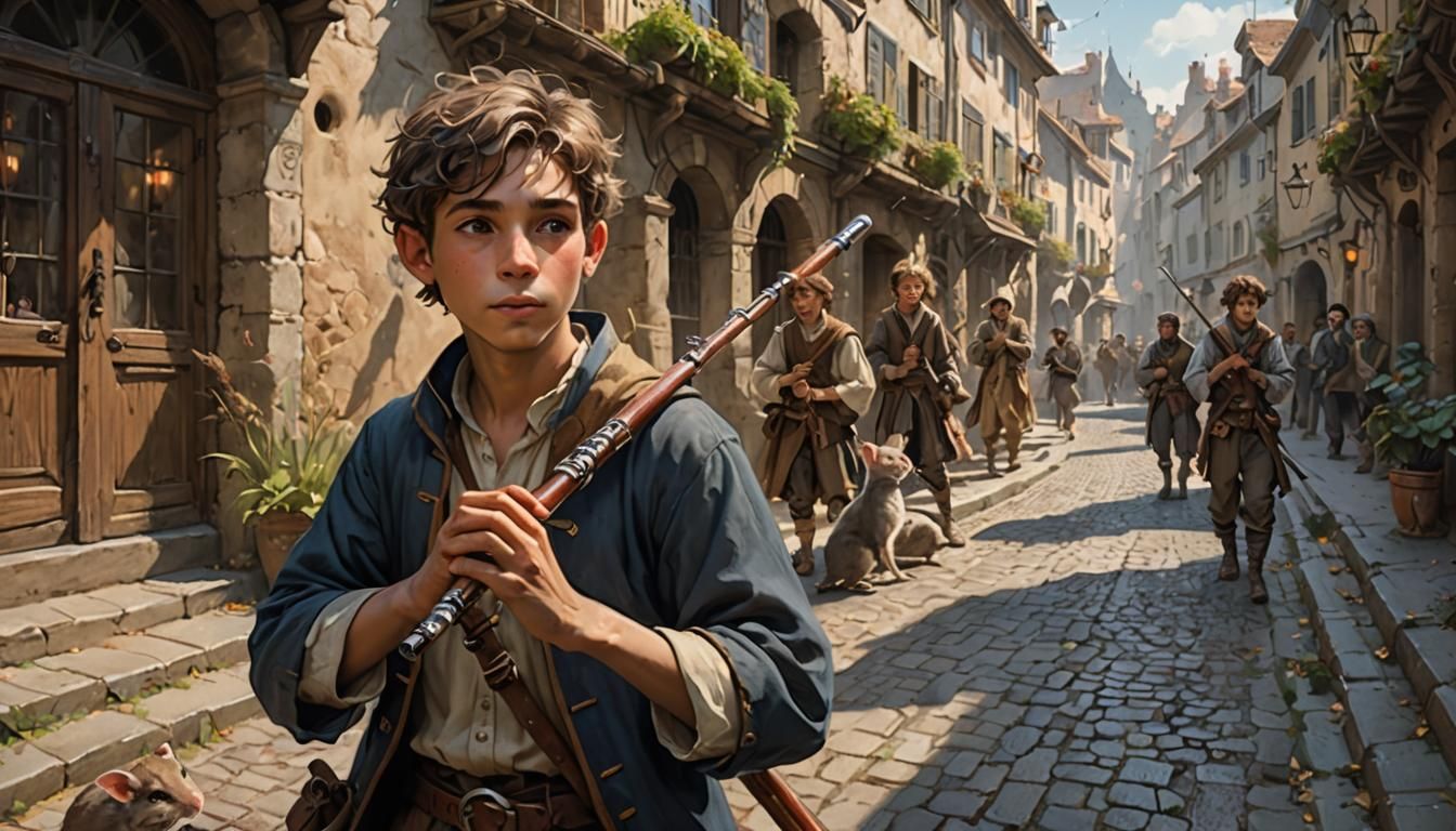 Boy Shepherd Charms Mice in French Street