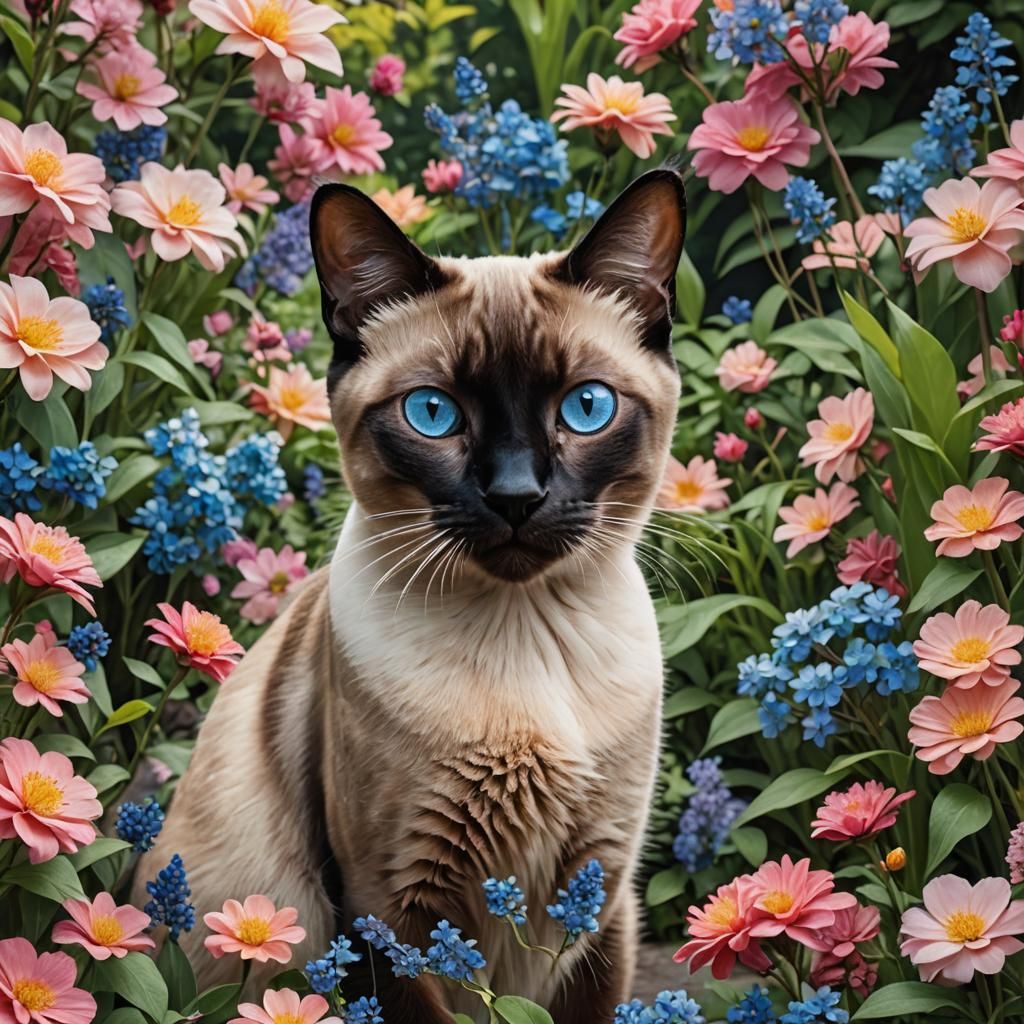 Siamese Cat Explores a Vibrant Blooming Garden