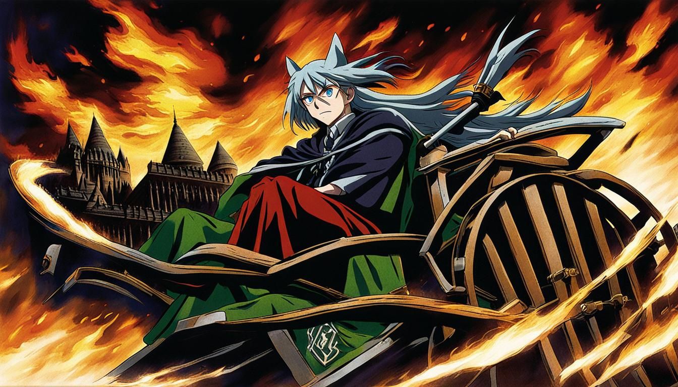 Anime CatGirl in Flaming Wheelchair at Hogwarts