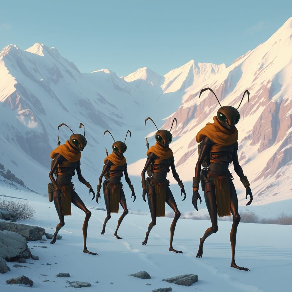 Humanoid Ants in Snowy Mountains, Atmospheric Landscape