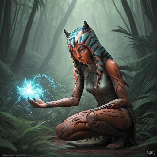 Ahsoka and Sith Holocron in Burning Forest