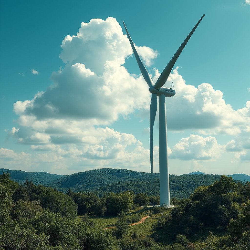 Wind Turbine in Serene Landscape: Futuristic Sci-Fi Art