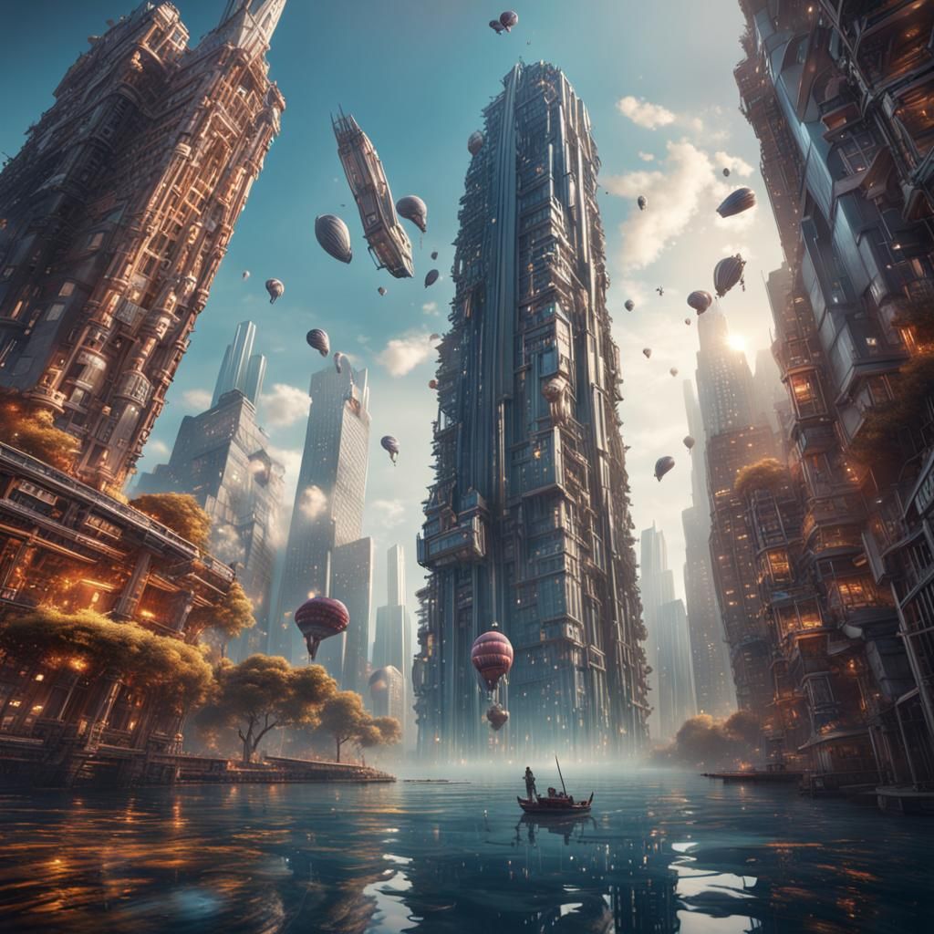 Humans on Floating Chairs in Fantastical World