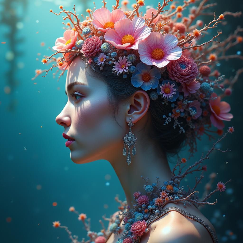 Enchanting Mermaid Portrait with Surreal Flowers