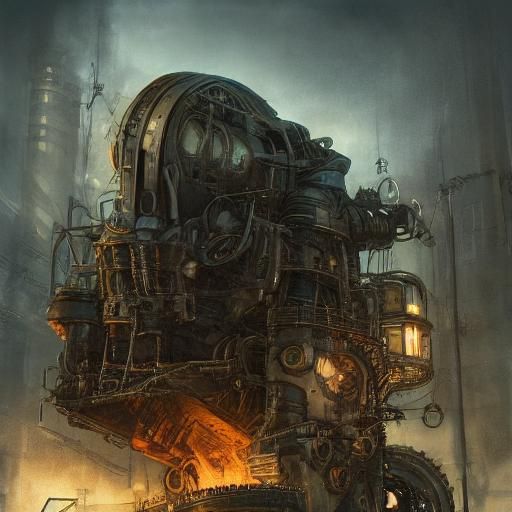 Steampunk Seal-Dog-Human-Shark Hybrid in Foggy City