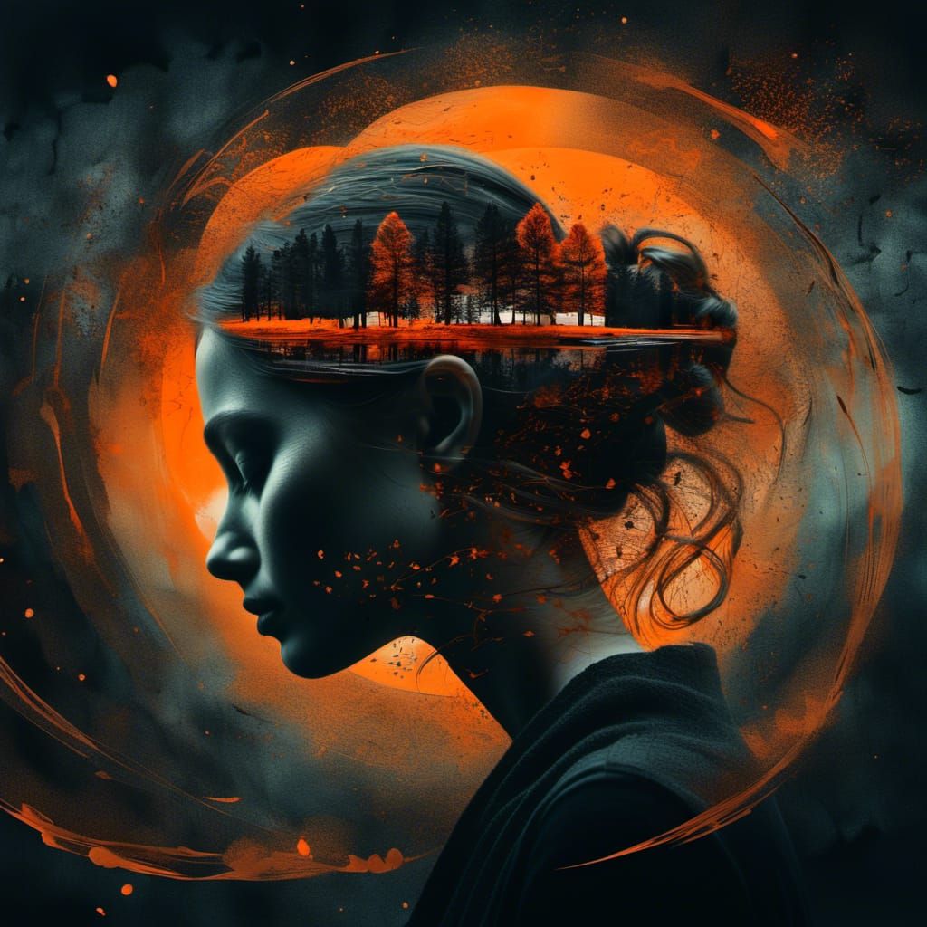 Melancholic Double Exposure in Black and Orange