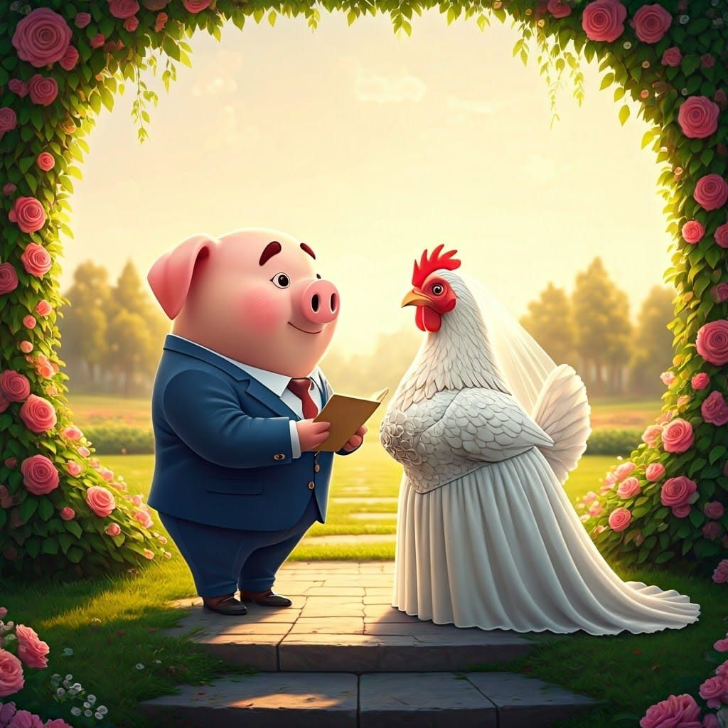 Pig and Chicken Wedding in Whimsical Countryside