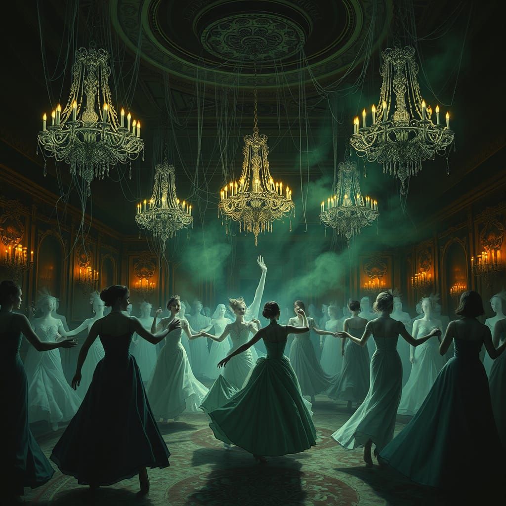 Gothic Ballroom Haunted by Spectral Dancers