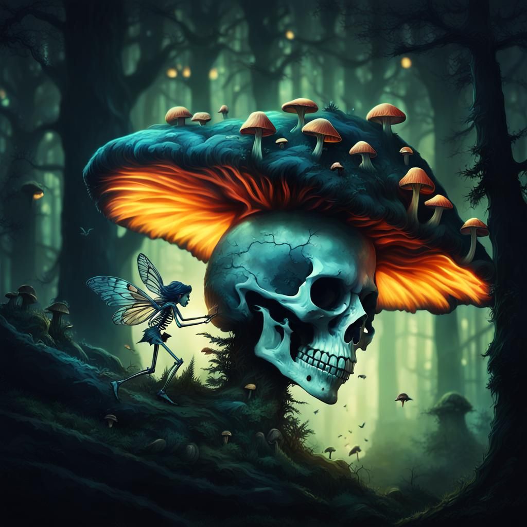 Fairy and Mushroom Skull in Forest Night
