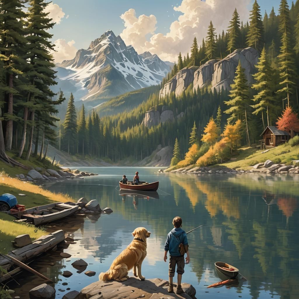 Boy, Dog, and Father Fishing: Hyperrealistic Splash Art